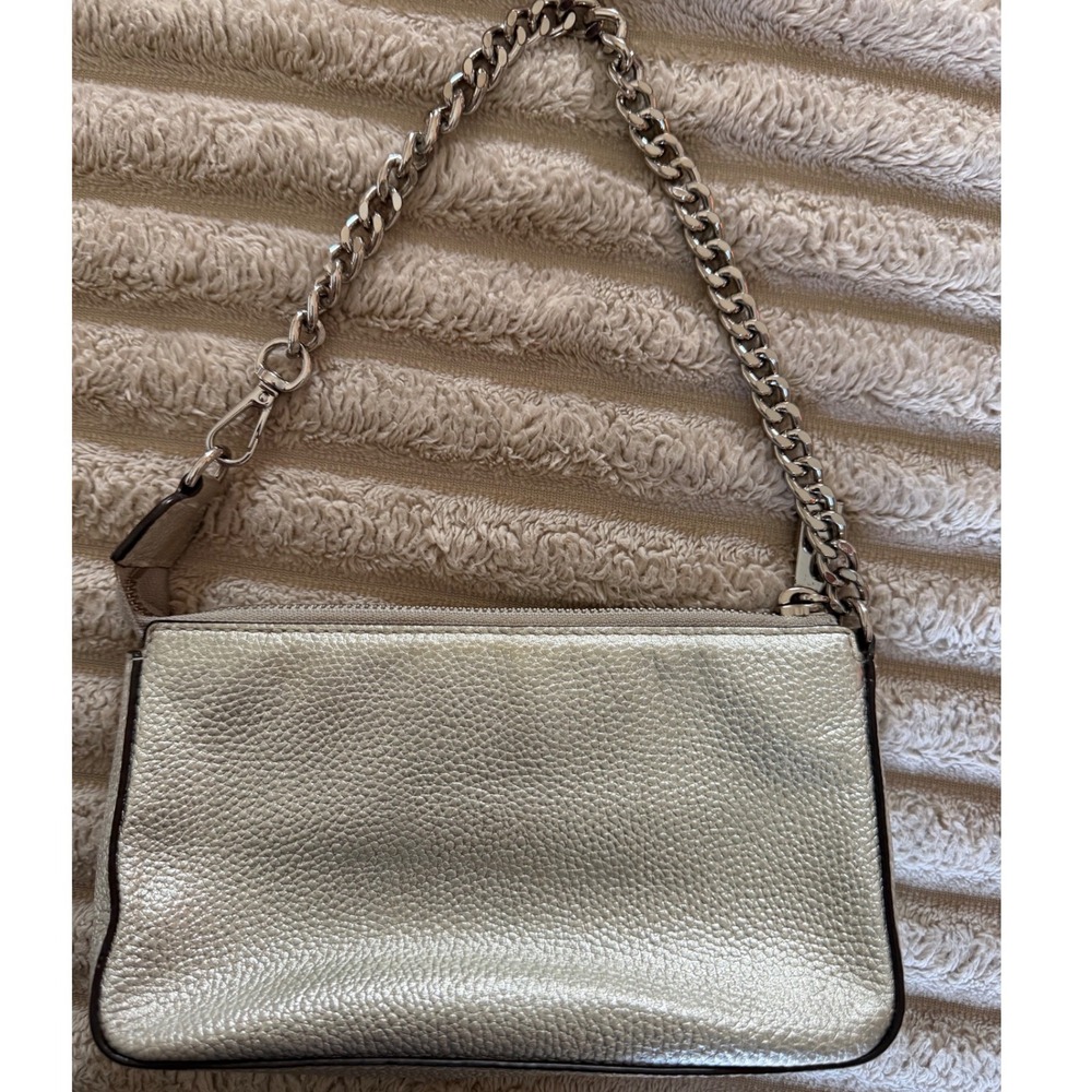 Michael Kors Metallic Silver Pebbled Leather Chain Pochette Bag 32F7MFDW6M - Picture 13 of 13